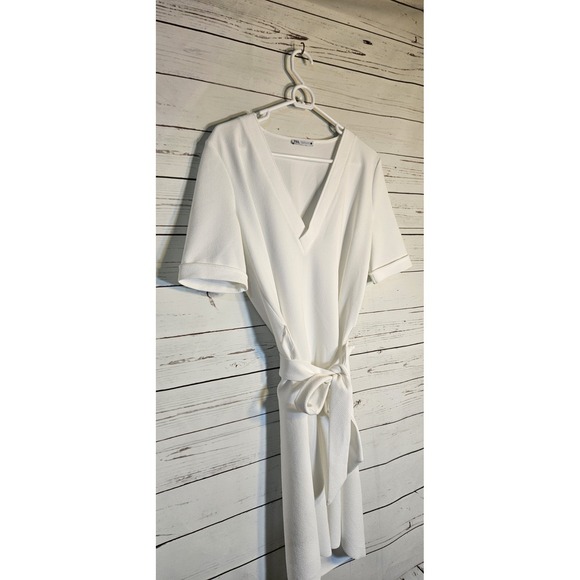 ZARA White Short Sleeve V Neck Tie Waist‎ Crepe Midi Dress Size S - Picture 2 of 8